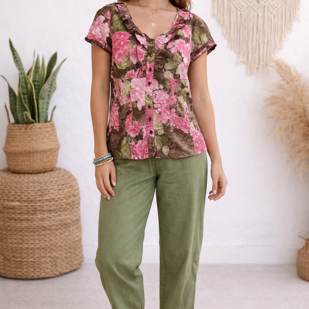 Caribbean Joe Pink and Green Floral Top S Tropical Top